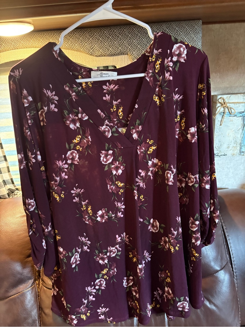 Beacon Floral V-Neck Long Sleeve Top - Burgundy with Pink & Yellow Accents